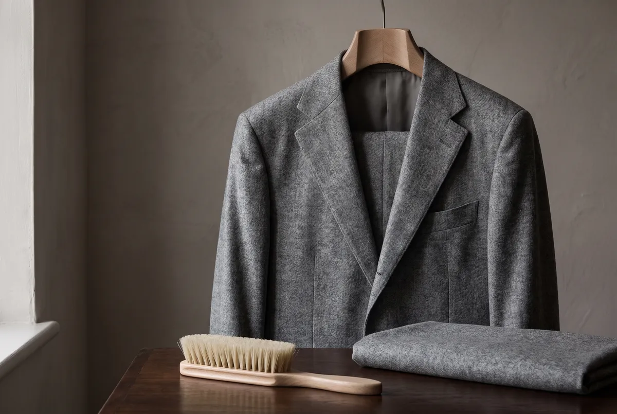 木製ハンガーに掛けたグレーのフランネルのジャケットと、傍らに置かれた馬毛の洋服ブラシ