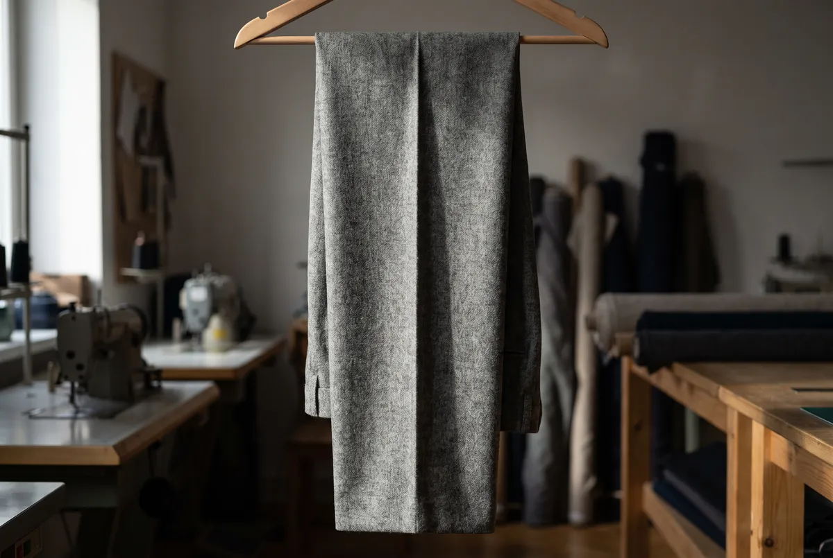 木製ハンガーに掛けたグレーのフランネルのパンツ。生地の重みでセンタークリースが裾までまっすぐ立っている