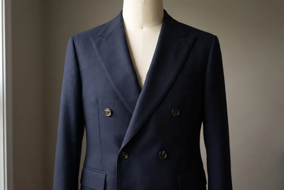 Six buttons in two columns on a double-breasted front, fastened at the lowest button, the lapel opening into a long vertical V