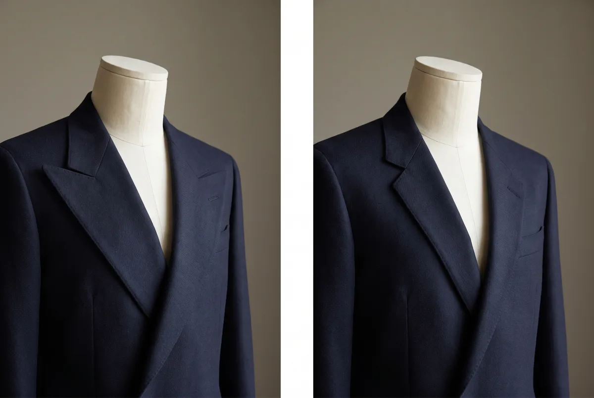 The same double-breasted jacket with only the lapel width changed — wide at left, giving weight to the chest, narrow at right, where the proportions fall apart