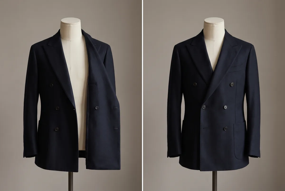The fronts of a double-breasted jacket, open at left to show the depth of the overlap and fastened at right, the torso covered by a double layer of cloth