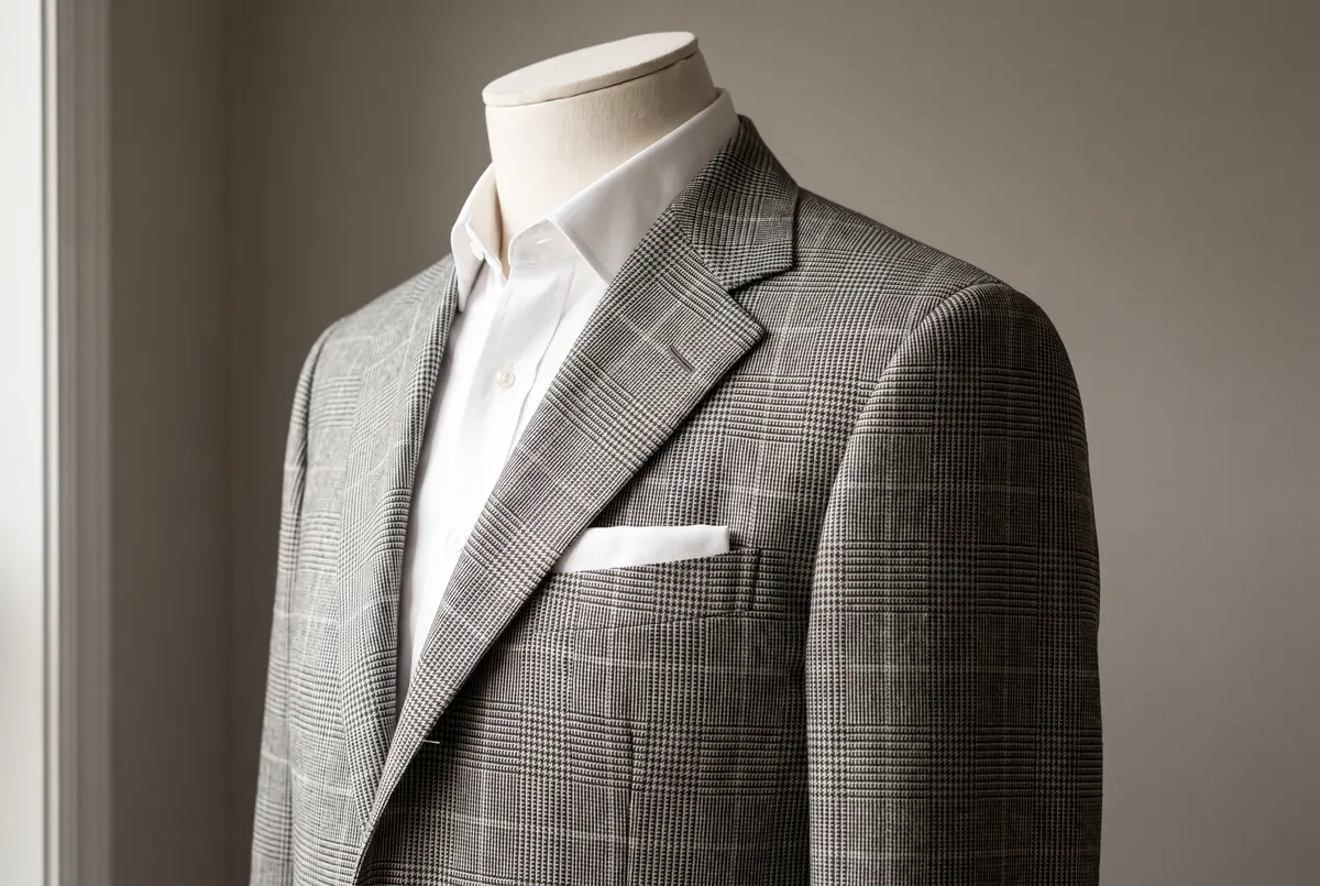 The chest of a glen check suit, showing at close range how a small check combines with a larger overcheck