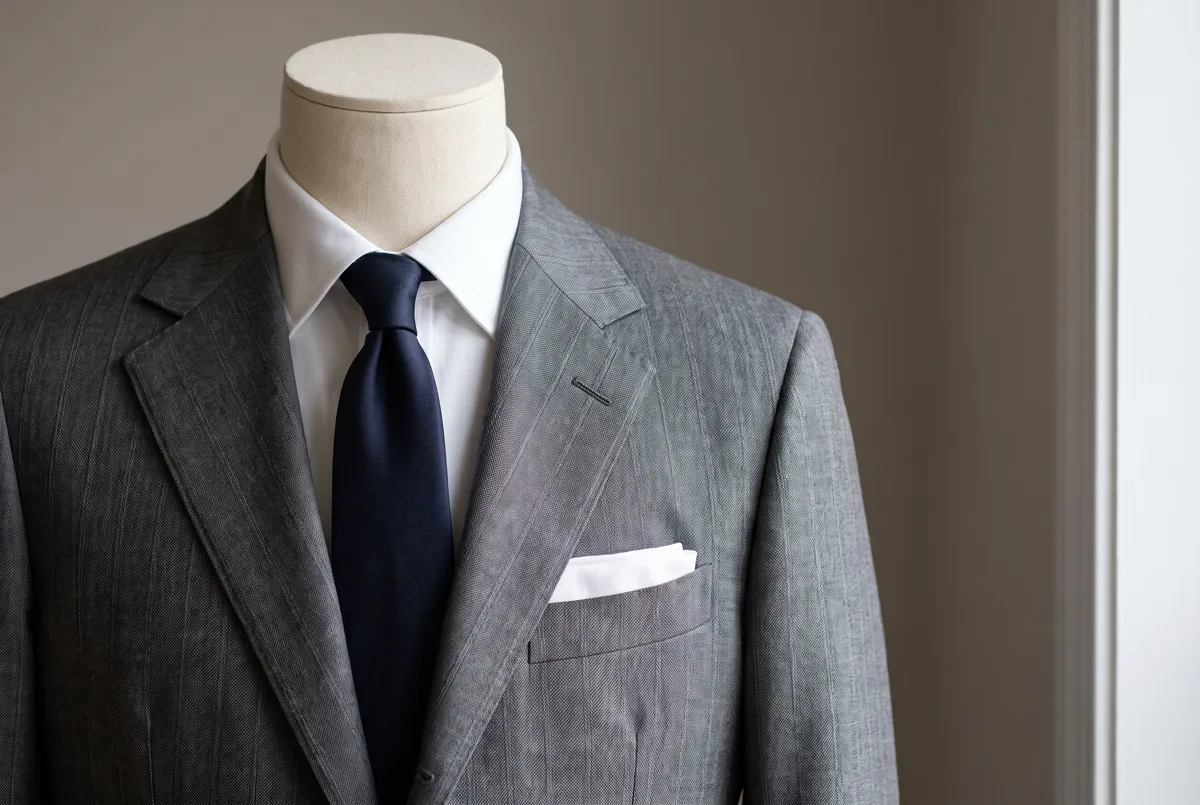 The chest of a striped suit paired with a plain tie, keeping the pattern to a single point so the chest reads cleanly