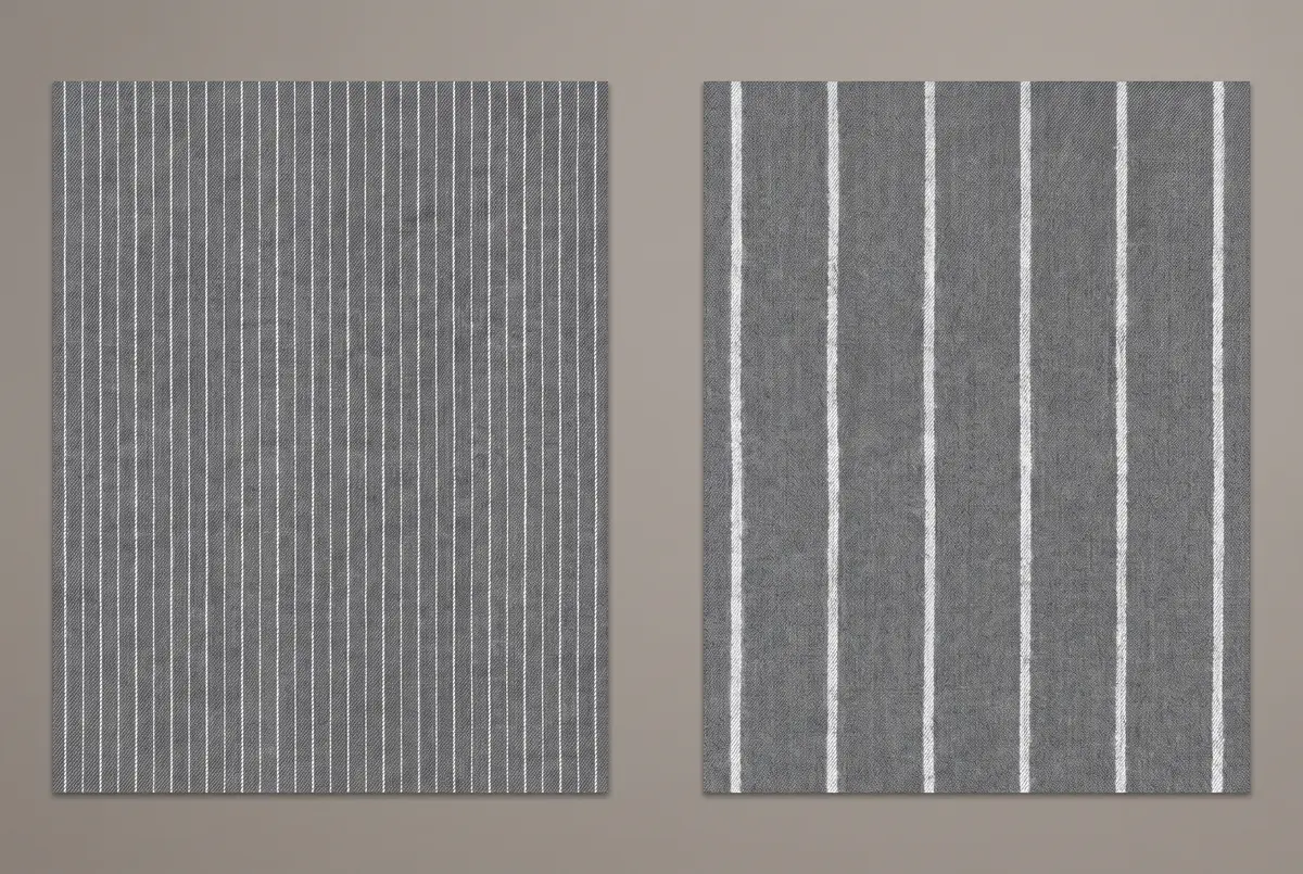 Pin stripe and chalk stripe cloth side by side; the left shows a thin, closely spaced line, the right a thick, widely spaced line