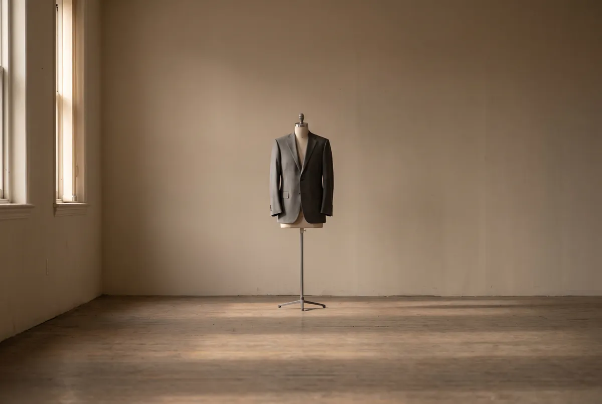 A shadow stripe jacket on a dress form at the far end of a warm beige room; distance dissolves the tonal stripe so it reads almost as plain grey