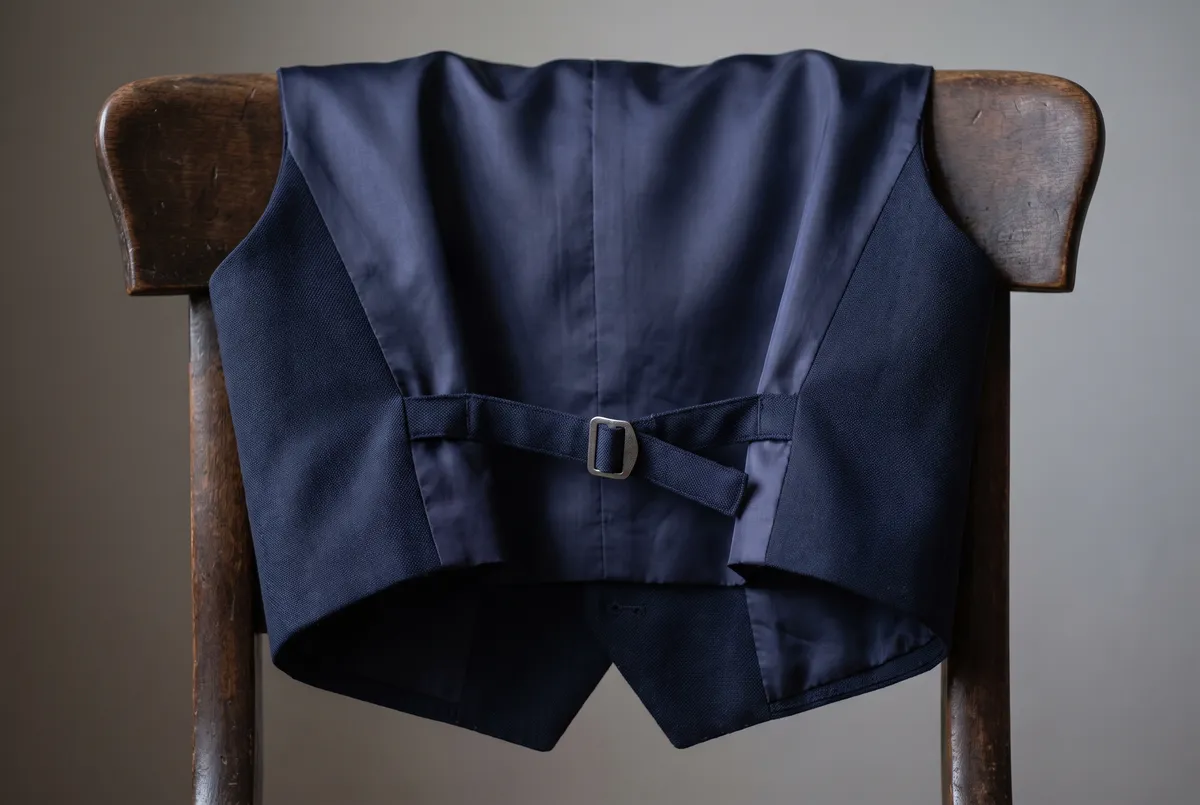 Close-up of the back of a navy wool waistcoat, showing the satin lining and adjustable back strap