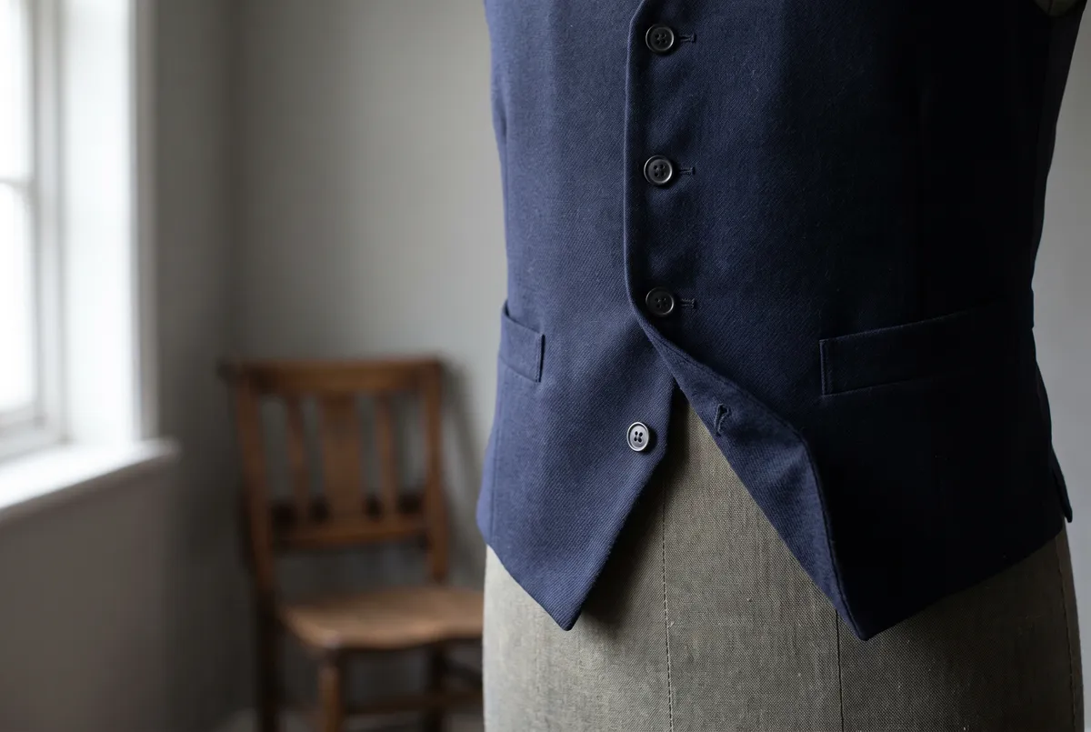 Close-up of the lower front of a navy wool waistcoat, worn with only the bottom button left undone