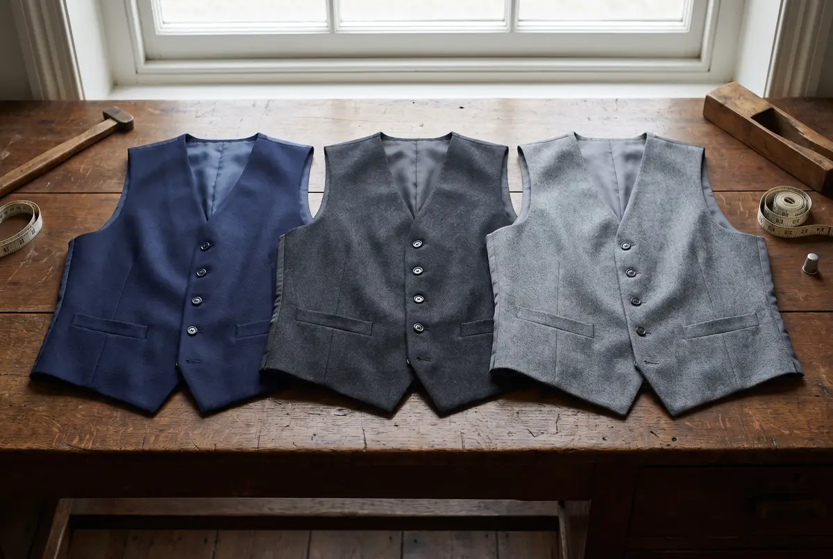Three wool waistcoats in dark navy, charcoal grey, and medium grey, arranged side by side