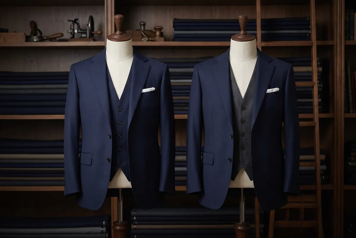 Two tailor's mannequins side by side: a matching navy waistcoat on the left, an odd charcoal grey waistcoat on the right