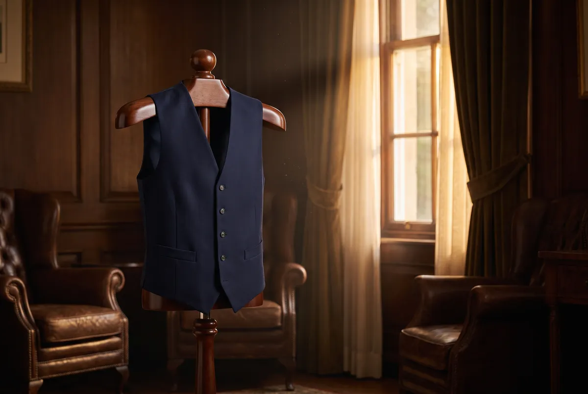 A solid navy wool waistcoat, fully buttoned, displayed on a wooden valet stand