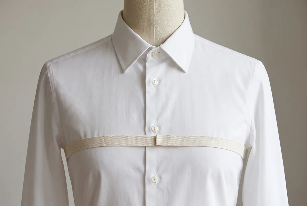 A plain unmarked cloth tape passing once around the chest of a white shirt on a tailor's dress form
